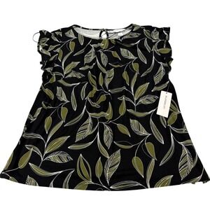 Liz Claiborne Womens XL Black Olive Green Leaf Print Cap Sleeve Blouse NWT